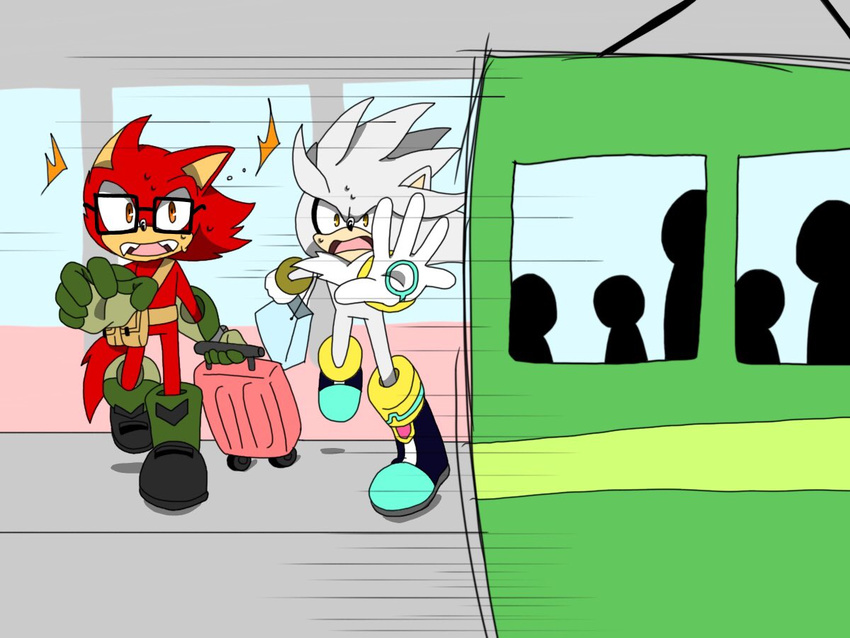 2017 4:3 anthro big_head black_nose canid canine canis clothing custom_character_(sonic_forces) duo eulipotyphlan eyewear fur gadget_the_wolf glasses gloves handwear hedgehog male mammal sega sharp_teeth silver_the_hedgehog simple_background sonic_forces sonic_the_hedgehog_(series) sonicsky2337 teeth toony wolf