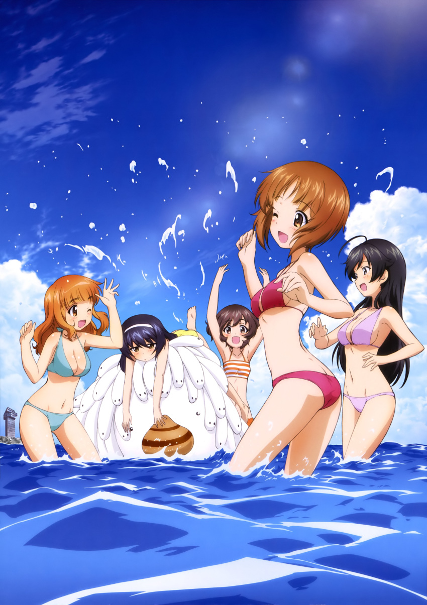 5girls :d ;d absurdres akiyama_yukari araippe arms_up ass bare_legs bikini black_hair blue_bikini blush breasts brown_eyes brown_hair cleavage cloud day girls_und_panzer grey_eyes hairband highres inflatable_toy isuzu_hana lens_flare lying medium_breasts multiple_girls navel nishizumi_miho ocean official_art on_stomach one_eye_closed ooarai_marine_tower open_mouth orange_hair outdoors purple_bikini reizei_mako sideboob sky sleepy small_breasts smile splashing striped_bikini striped_clothes swimsuit takebe_saori wading water waves wet