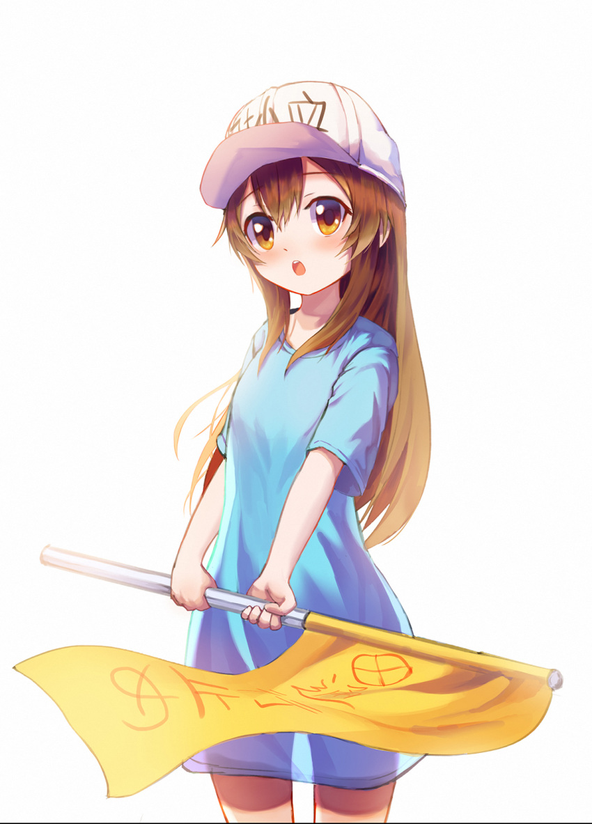 blue_dress brown_eyes brown_hair commentary dress female flag hat hataraku_saibou highres long_hair open_mouth photoshop_(medium) platelet_(hataraku_saibou) roon_(ddeer2010) see-through_silhouette simple_background solo translated white_background