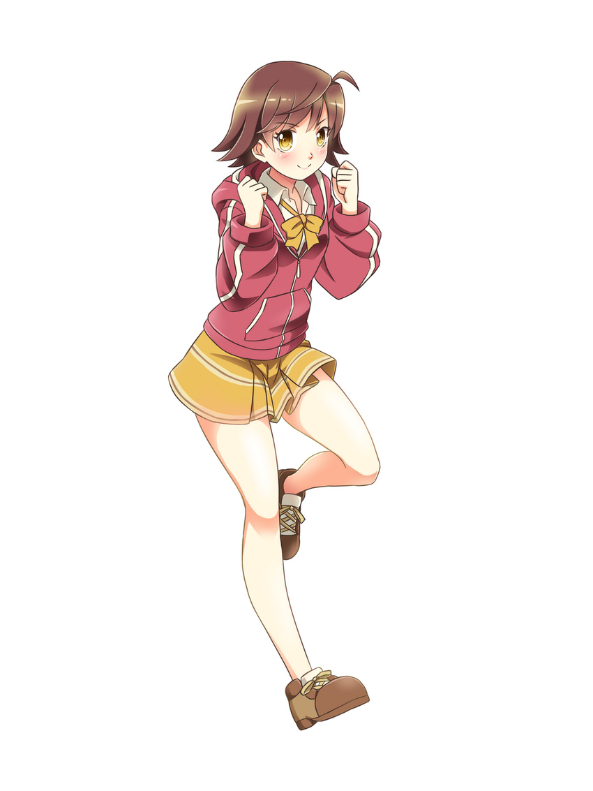 ahoge brown_footwear commentary_request female full_body highres honda_mio hood hooded_track_jacket hoodie idolmaster idolmaster_cinderella_girls jacket khnchak no_socks pink_hoodie school_uniform shoes short_hair simple_background skirt solo track_jacket white_background yellow_eyes