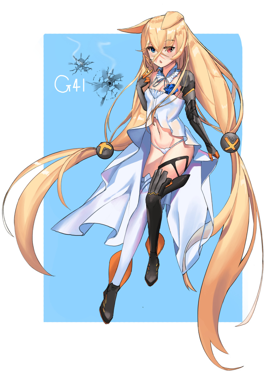 absurdly_long_hair absurdres asymmetrical_legwear baby babydoll bad_id bad_pixiv_id bare_shoulders beudyek black_footwear black_gloves black_legwear blonde_hair blue_background blue_eyes blue_flower blue_rose breasts bullet_hole character_name chestnut_mouth commentary_request crossed_bangs elbow_gloves female flower full_body g41_(girls'_frontline) girls'_frontline gloves groin hair_between_eyes hair_ornament hand_up heterochromia highres korean_commentary long_hair looking_at_viewer mismatched_legwear navel panties parted_lips red_eyes rose shoes small_breasts solo thighhighs two-tone_background underwear v very_long_hair white_babydoll white_background white_legwear white_panties