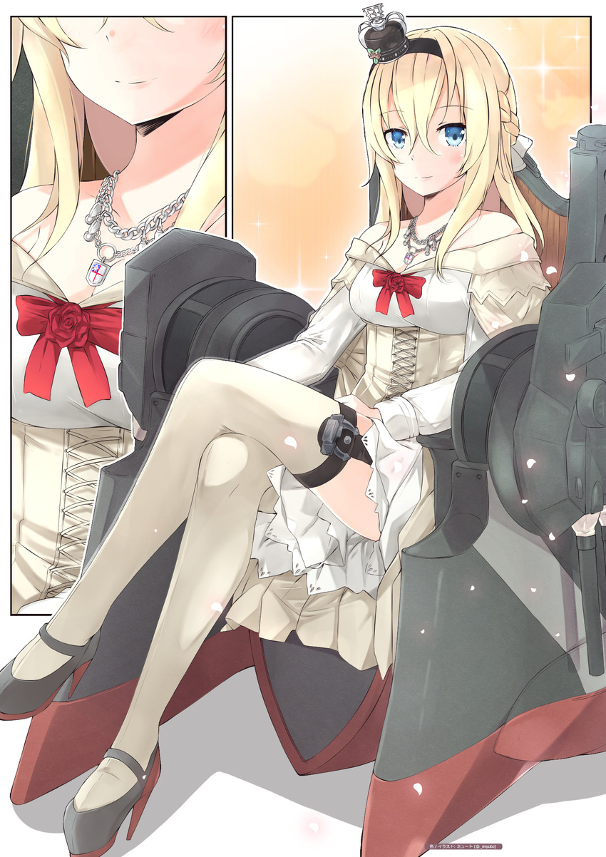 blonde_hair blue_eyes braid breasts commentary_request crossed_legs crown dress female garter_straps half_up_braid head_out_of_frame high_heels highres kantai_collection large_breasts long_hair long_sleeves machinery mini_crown myuto_(advent_retribution) off_shoulder sitting thighhighs throne warspite_(kancolle) white_dress white_legwear zoom_layer