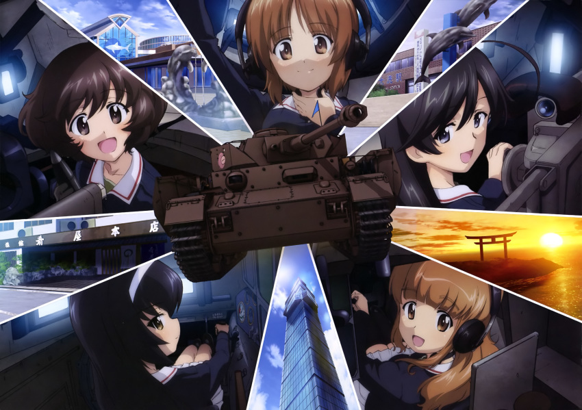 5girls absurdres ahoge akiyama_yukari aquarium black_hair brown_eyes brown_hair building cloud collared_shirt day dolphin flag girls_und_panzer grey_eyes hairband hand_on_own_neck headphones highres hotel isuzu_hana looking_at_viewer looking_back military military_vehicle motor_vehicle multiple_girls nishizumi_miho ocean ooarai_(ibaraki) ooarai_isosaki_shrine ooarai_marine_tower ooarai_military_uniform open_mouth orange_hair panzer_iv pleated_skirt reizei_mako shirt sitting skirt sky smile split_screen statue sunset takebe_saori tank tank_gun tank_interior tank_turret throat_microphone torii tower train_station uniform white_skirt