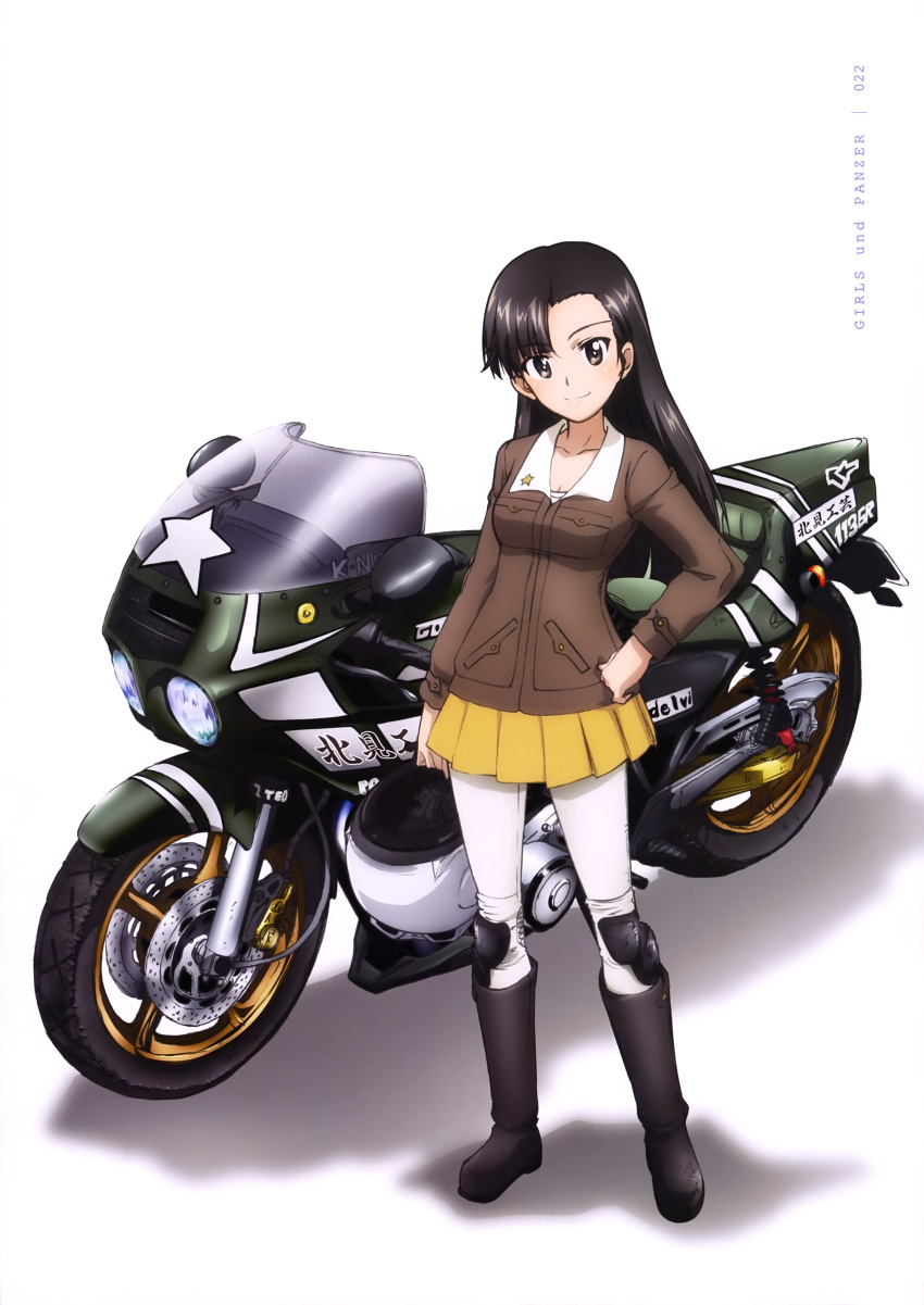 absurdres asymmetrical_bangs black_footwear black_hair boots breasts brown_eyes brown_jacket chi-hatan_military_uniform cleavage collarbone copyright_name female girls_und_panzer hand_on_own_hip head_tilt highres jacket knee_pads long_hair looking_at_viewer medium_breasts military military_uniform miniskirt motor_vehicle motorcycle nishi_kinuyo official_art pantyhose pleated_skirt race_vehicle simple_background skirt smile solo uniform white_background white_pantyhose yellow_skirt yoshida_nobuyoshi