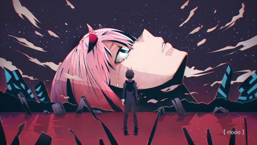 1boy bangs black_bodysuit black_hair bodysuit commentary couple crying crying_with_eyes_open darling_in_the_franxx end_of_evangelion english_commentary female gloves green_eyes highres hiro_(darling_in_the_franxx) horns long_hair neon_genesis_evangelion night night_sky oni_horns parody partially_submerged pilot_suit pink_hair red_horns riooo1 short_hair signature sky star star_(sky) starry_sky straight tears water white_gloves zero_two_(darling_in_the_franxx)