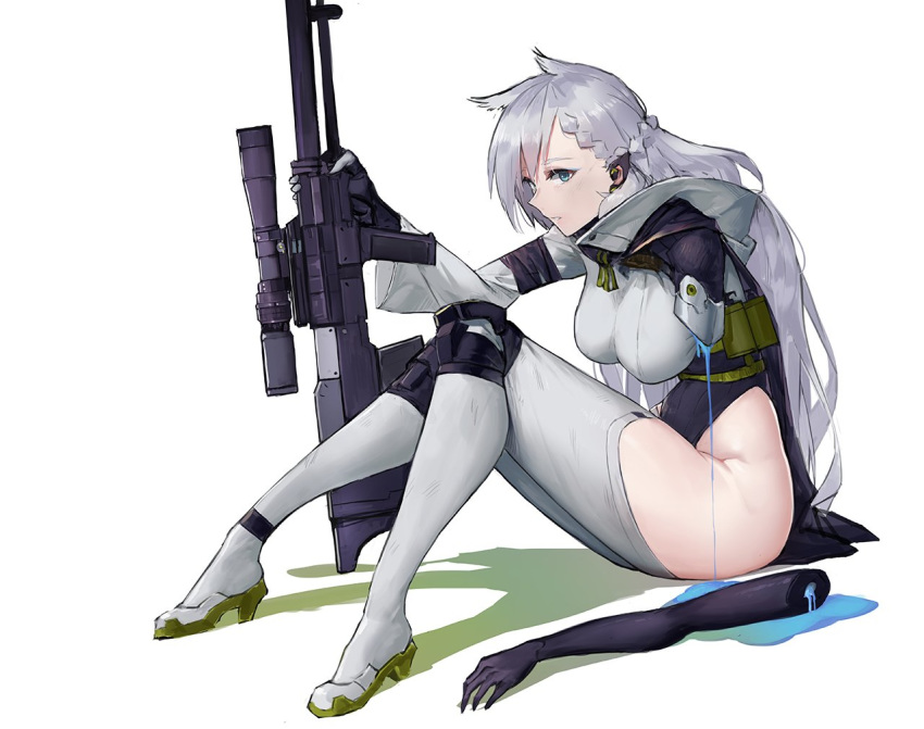 animal_ears anti-materiel_rifle blue_eyes braid breasts disembodied_limb earpiece female girls_frontline gun high_heels injury jacket knee_pads ksvk_(girls_frontline) ksvk_12.7 large_breasts legs long_hair looking_at_viewer mechanical_arm pandea_work parted_lips rifle scope shadow sniper_rifle weapon