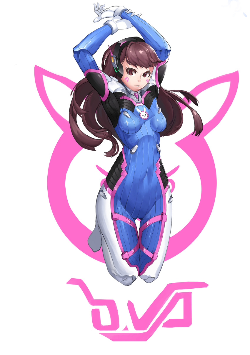 absurdres animal_print arms_up bad_id bad_pixiv_id beudyek blue_bodysuit blush bodysuit breasts brown_eyes brown_hair character_name closed_mouth commentary covered_navel d.va_(overwatch) facial_mark female gloves headphones highres holding_own_wrist long_hair looking_at_viewer medium_breasts no_shoes overwatch overwatch_1 photoshop_(medium) pilot_suit rabbit_print ribbed_bodysuit science_fiction shoulder_pads solo very_long_hair whisker_markings white_background white_gloves