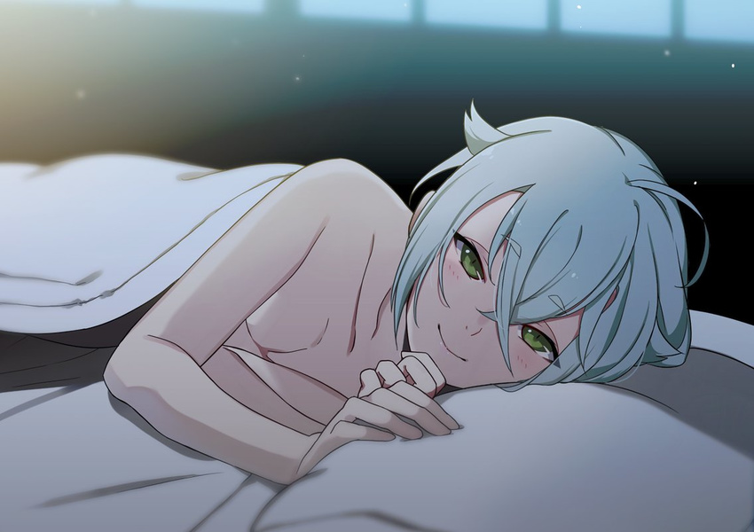 1boy bad_id bad_twitter_id bed_sheet bloom blush dust green_eyes grey_hair hair_flaps hotarumaru looking_at_viewer lying male_focus naked_sheet on_bed on_side pillow pov_across_bed samurai10932 smile solo touken_ranbu under_covers window