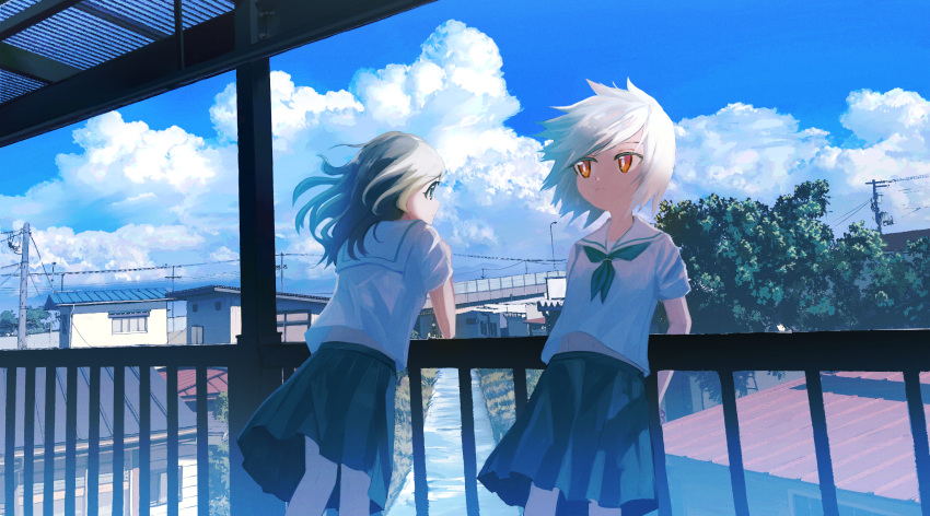 2girls against_railing blue_sky bridge bright_pupils building closed_mouth cloud cloudy_sky commentary_request day green_eyes green_neckerchief green_skirt highres inami_hatoko leaning_back leaning_forward light_green_hair looking_ahead midriff_peek multiple_girls navel neckerchief orange_eyes original outdoors pleated_skirt power_lines railing road rooftop sailor_collar school_uniform serafuku shirakami_musubu_(inami_hatoko) shirt short_hair short_sleeves sideways_mouth skirt sky standing summer town tree utility_pole white_hair white_pupils white_sailor_collar white_shirt wind