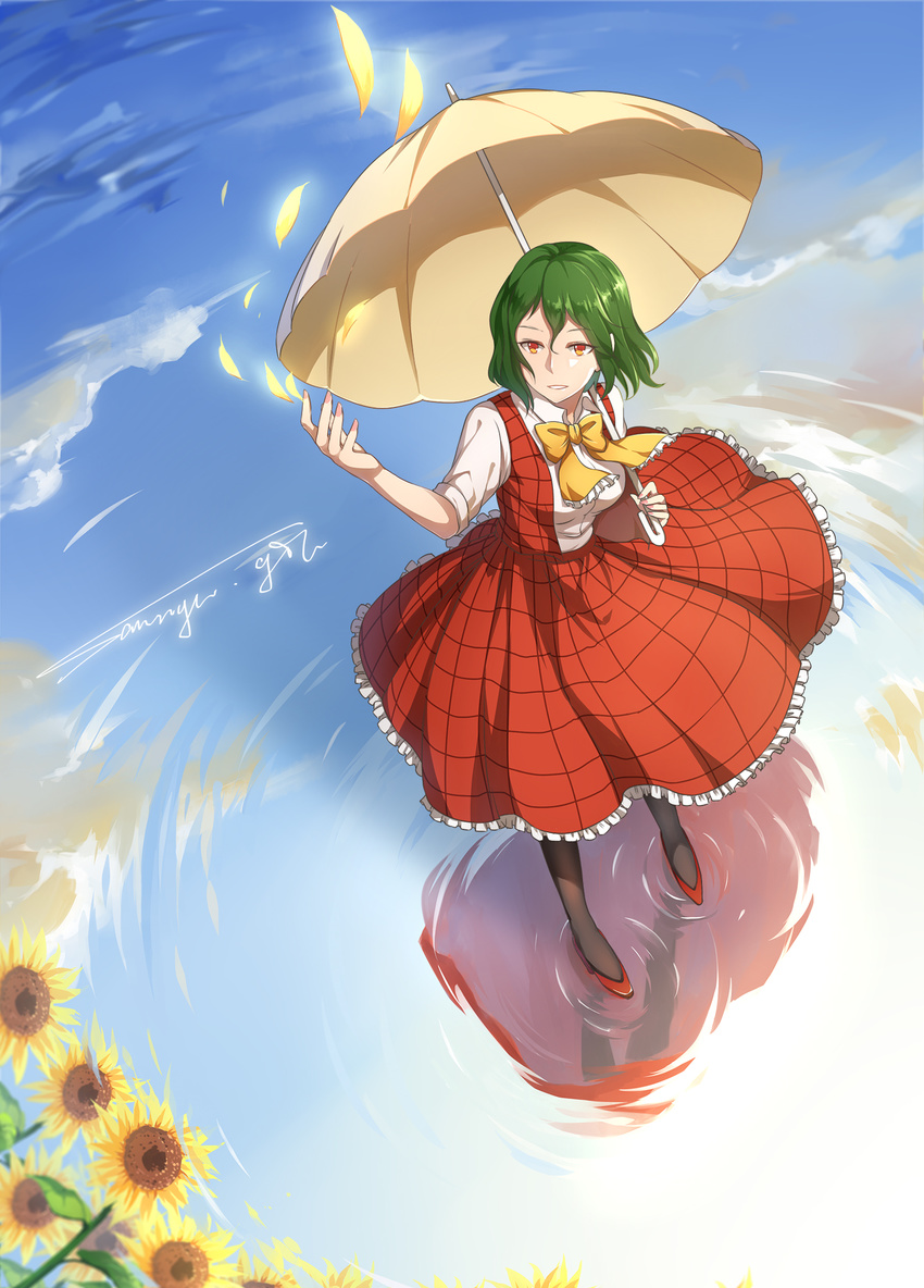 artist_name bangs black_legwear blue_sky breasts cloud collared_shirt day fingernails flower frilled_skirt frills from_above green_hair hair_between_eyes hand_up high_heels highres holding holding_umbrella kazami_yuuka long_skirt looking_up medium_breasts nail_polish orange_eyes parasol petals pink_nails red_footwear red_skirt red_vest reflection revision ripples sanriyueguyun shiny shiny_hair shirt shoes short_hair signature skirt skirt_set sky solo standing standing_on_liquid sunflower touhou umbrella vest white_shirt wind