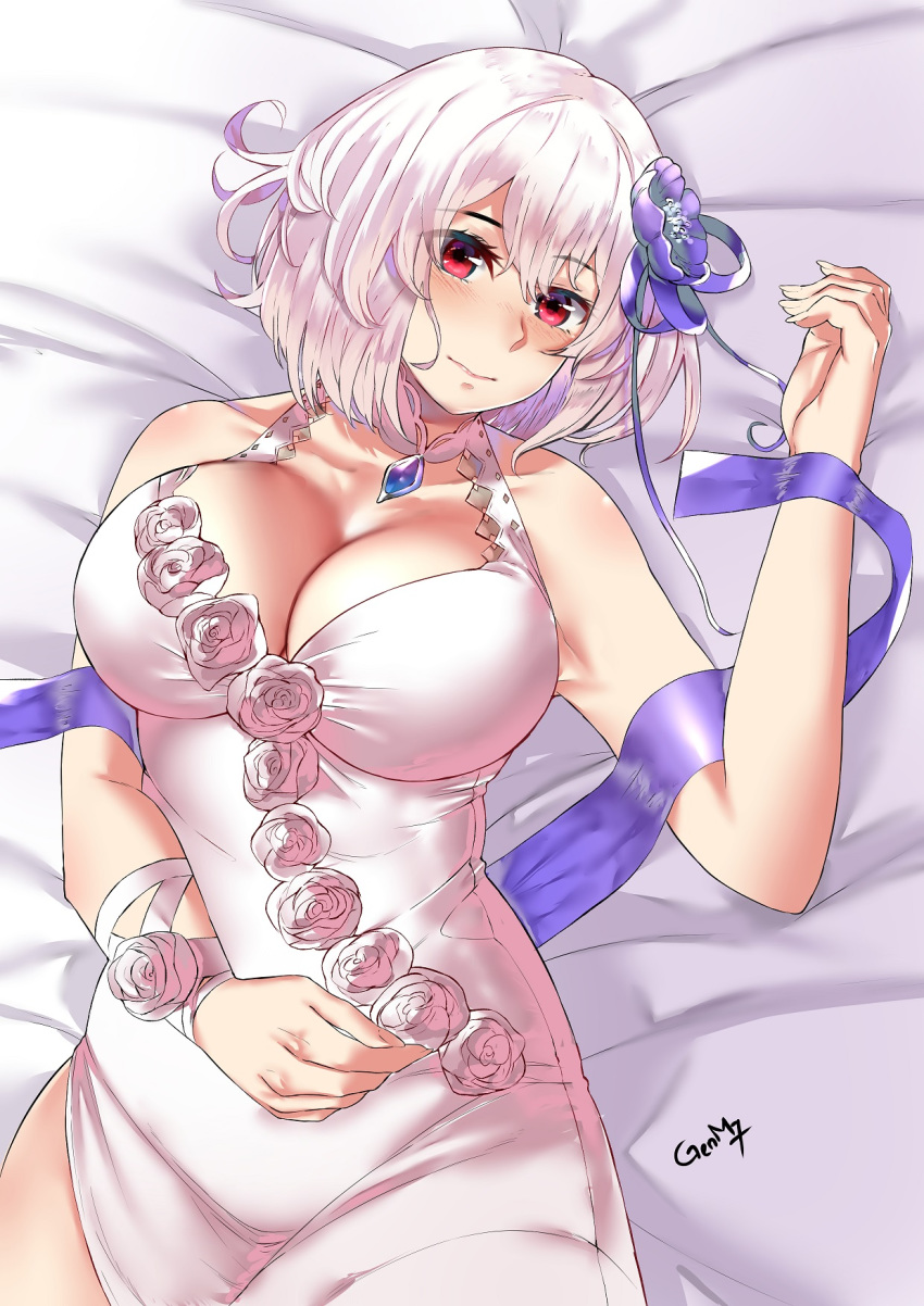 artist_name azur_lane bed_sheet blue_gemstone blush breasts choker cleavage closed_mouth collarbone commentary_request dress eyes_visible_through_hair female fingernails flower gem genm7 hair_between_eyes hair_flower hair_ornament hair_ribbon halter_dress halterneck hand_on_own_stomach hand_up head_tilt highres large_breasts looking_at_viewer lying official_alternate_costume on_back purple_flower purple_ribbon red_eyes ribbon short_hair sidelocks signature sirius_(azur_lane) sirius_(white_rose)_(azur_lane) solo white_dress white_hair