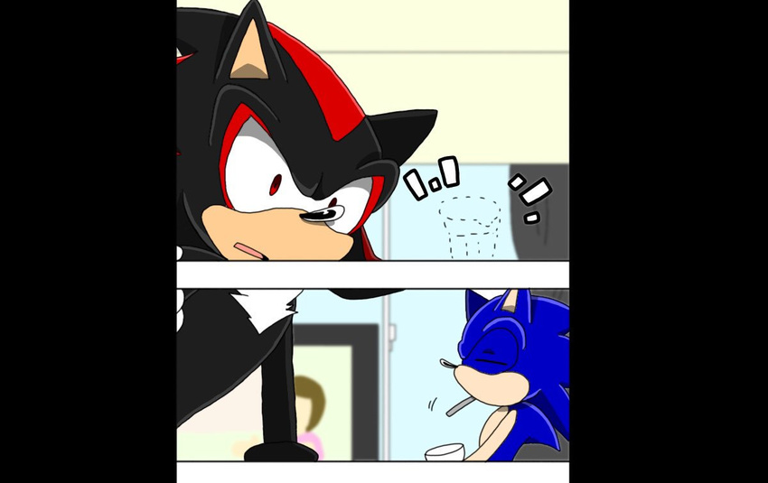 2017 anthro big_eyes big_head biped black_body black_fur blue_body blue_fur closed_eyes clothing curtains digital_media_(artwork) duo eulipotyphlan fur gloves handwear hedgehog inside male mammal object_in_mouth open_mouth red_body red_eyes red_fur sega shadow_the_hedgehog sonic_the_hedgehog sonic_the_hedgehog_(series) sonicsky2337 standing toony white_clothing white_gloves white_handwear