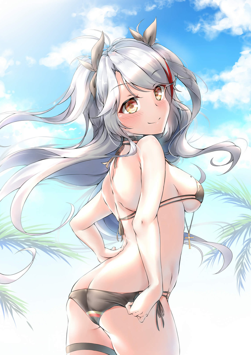 ass azur_lane bikini bikini_pull black_bikini black_choker blue_sky blush breasts butt_crack choker clothes_pull cloud commentary cowboy_shot day female flag_print floating_hair from_behind german_flag_bikini grey_hair grey_ribbon hair_ribbon hand_on_own_hip highres long_hair looking_at_viewer looking_back medium_breasts mole mole_on_breast official_alternate_costume outdoors prinz_eugen_(azur_lane) prinz_eugen_(unfading_smile)_(azur_lane) pulling_own_clothes ribbon side-tie_bikini_bottom sideboob sky smile solo standing swept_bangs swimsuit thigh_strap two_side_up underboob very_long_hair xin_(zinc) yellow_eyes