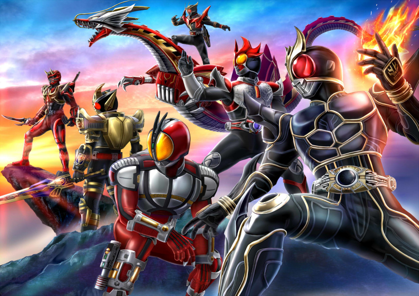 6+boys antennae armed_hibiki armor battle belt bodysuit commentary crossover dragon dragreder faiz_blaster fire flying full_armor gloves glowing gold_armor helmet highres holding holding_sword holding_weapon horns kamen_rider kamen_rider_555 kamen_rider_agito kamen_rider_agito_(series) kamen_rider_blade kamen_rider_blade_(king_form) kamen_rider_blade_(series) kamen_rider_faiz kamen_rider_hibiki kamen_rider_hibiki_(series) kamen_rider_kuuga kamen_rider_kuuga_(series) kamen_rider_kuuga_(ultimate_form) kamen_rider_ryuki kamen_rider_ryuki_(series) kamen_rider_ryuki_survive king_rouzer male_focus mask masukudo_(hamamoto_hikaru) monster multiple_boys oni pose red_eyes riding scales sword tokusatsu weapon yellow_eyes