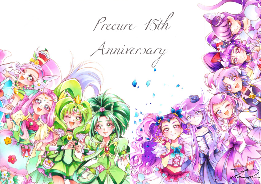 6+girls ;d akimoto_komachi animal_ears anniversary black_hat bow bow_choker brooch butterfly_brooch butterfly_hair_ornament cat_ears cat_tail choker circlet color_connection commentary_request cowboy_shot cure_felice cure_fortune cure_macaron cure_magical cure_march cure_mint cure_moonlight cure_parfait cure_sword dokidoki!_precure elbow_gloves extra_ears flower food-themed_hair_ornament frills gloves green_eyes green_hair green_neckwear green_skirt hair_color_connection hair_flower hair_ornament hairband hairbow hanami_kotoha happinesscharge_precure! hat heart heart_brooch heartcatch_precure! high_ponytail highres hikawa_iona in-franchise_crossover izayoi_liko jewelry kenzaki_makoto kirahoshi_ciel kirakira_precure_a_la_mode kotozume_yukari long_hair looking_at_viewer macaron_hair_ornament magical_girl mahou_girls_precure! midorikawa_nao mikan_(mikataaaa) milky_rose mimino_kurumi mini_hat mini_witch_hat multiple_girls navel one_eye_closed open_mouth pink_hair ponytail precure precure_all_stars purple_bow purple_choker purple_eyes purple_hair purple_legwear purple_tail red_bow short_hair simple_background skirt smile smile_precure spade_(shape) spade_hair_ornament swept_bangs tail thighhighs tsukikage_yuri two_side_up v waist_bow white_background white_gloves witch_hat wrist_cuffs yes!_precure_5 yes!_precure_5_gogo! zettai_ryouiki