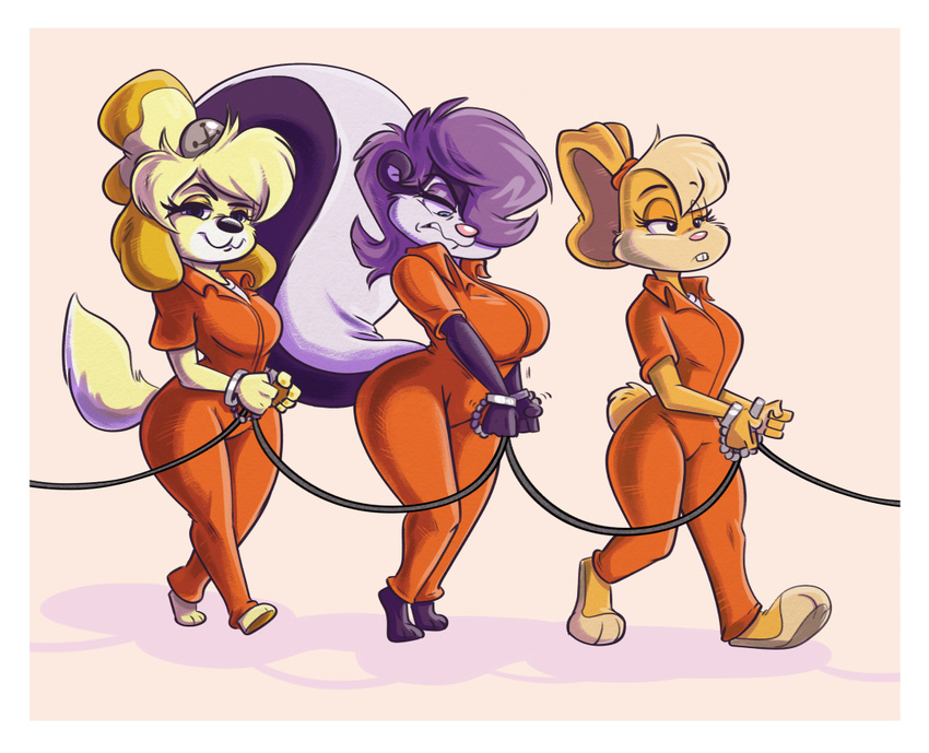 2016 animal_crossing anthro border canid canine canis clothed clothing crossover curvy_figure domestic_dog female fifi_la_fume fur group inmates_clothing isabelle_(animal_crossing) joelasko lagomorph leporid lola_bunny looney_tunes mammal mephitid nintendo orange_jumpsuit prison_uniform prisoner purple_body purple_fur rabbit shih_tzu skunk thick_thighs tiny_toon_adventures toy_dog voluptuous warner_brothers white_border wide_hipped_female wide_hips