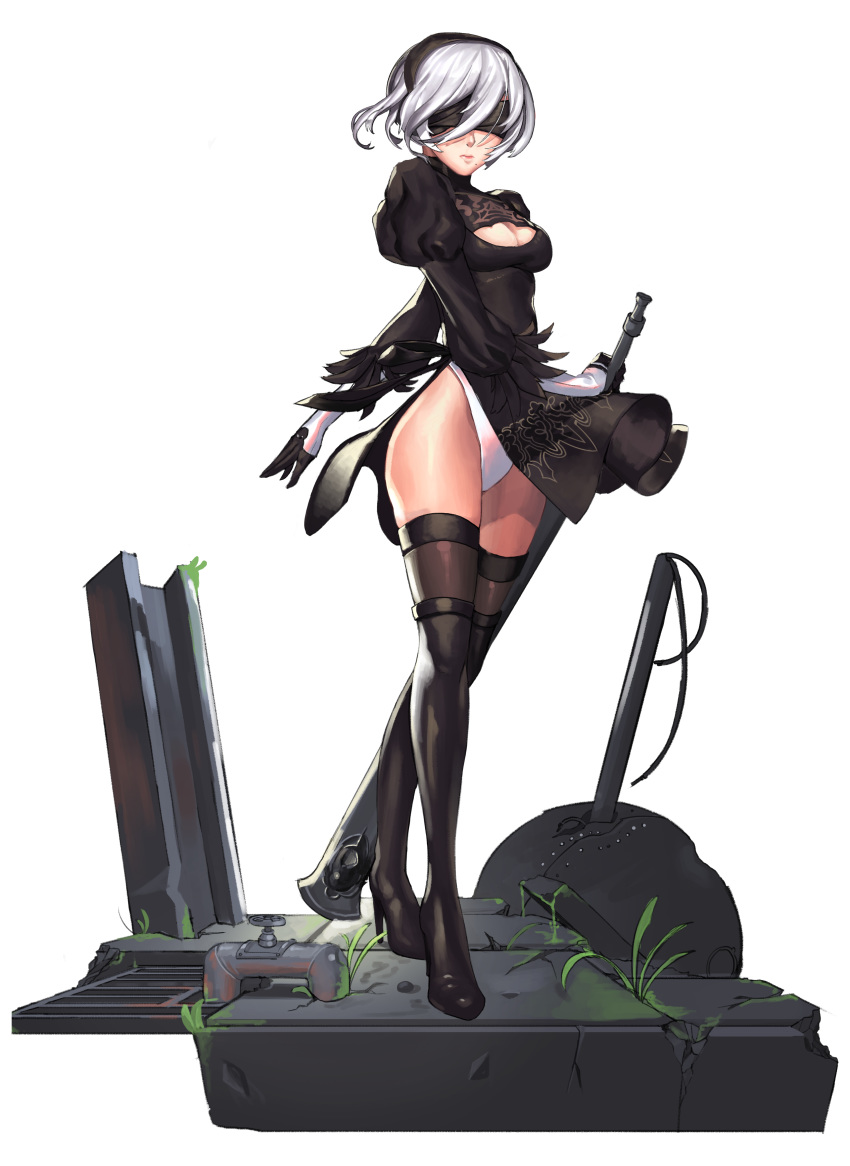 2b_(nier:automata) absurdres bad_id bad_pixiv_id beudyek black_blindfold black_dress black_footwear black_hairband black_thighhighs blindfold boots breasts cleavage cleavage_cutout closed_mouth clothing_cutout commentary covered_eyes dress facing_viewer feather-trimmed_sleeves female full_body hair_between_eyes hairband high_heel_boots high_heels highres holding holding_sword holding_weapon juliet_sleeves leotard leotard_under_clothes long_sleeves medium_breasts mole mole_under_mouth nier:automata nier_(series) puffy_sleeves solo standing standing_on_one_leg sword thigh_boots thighhighs transparent_background valve weapon white_hair white_leotard