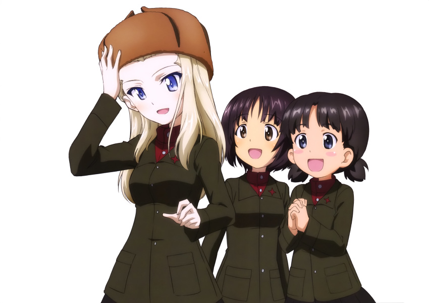 3girls :d absurdres alina_(girls_und_panzer) black_hair black_skirt blonde_hair blue_eyes blush brown_eyes brown_hair brown_hat brown_jacket clara_(girls_und_panzer) dress_shirt fur_hat girls_und_panzer hat highres jacket military military_uniform multiple_girls nina_(girls_und_panzer) official_art open_mouth own_hands_clasped own_hands_together pleated_skirt pravda_military_uniform red_shirt shirt short_hair short_twintails simple_background skirt smile standing twintails uniform upper_body ushanka white_background yoshida_nobuyoshi