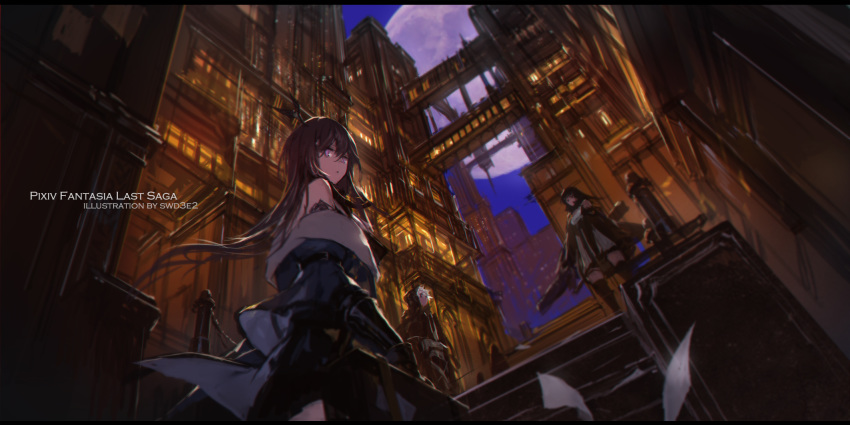 1boy 2girls arcana_(swd3e2) armor artist_name black_hair black_legwear blue_jacket blue_sky building cityscape commentary dark dress fantasy floating_hair from_below full_moon gauntlets highres holding horns jacket letterboxed long_hair looking_at_viewer moon multiple_girls night off_shoulder outdoors paradise_(swd3e2) photoshop_(medium) pixiv_fantasia pixiv_fantasia_last_saga purple_eyes sky standing swd3e2 thighhighs white_dress white_hair