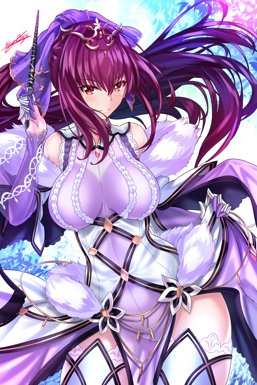 dress fate/grand_order nez-kun scathach_(fate/grand_order) signed thighhighs weapon