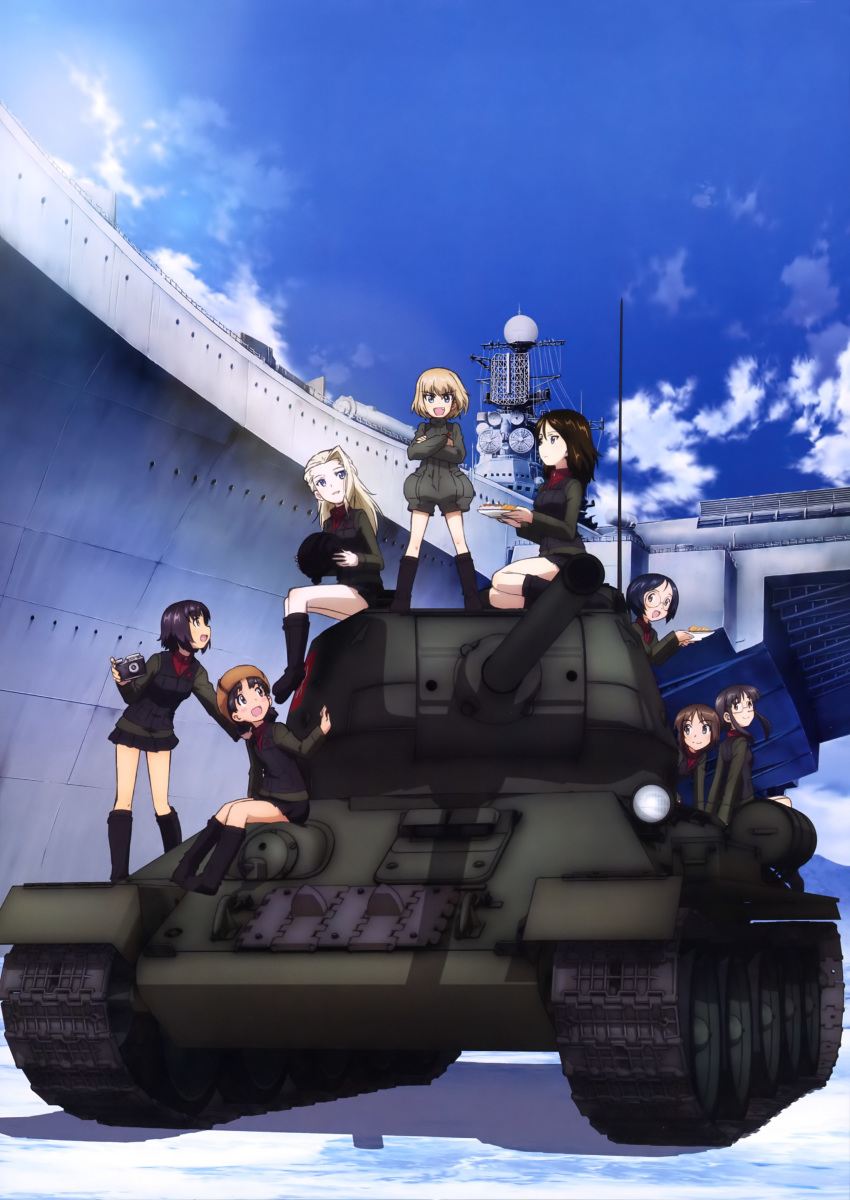 6+girls :d absurdres aircraft_carrier alina_(girls_und_panzer) black_footwear black_hair black_skirt blonde_hair boots brown_hair brown_hat brown_jacket camera clara_(girls_und_panzer) crossed_arms day floating_hair girls_und_panzer glasses hat highres holding holding_camera jacket katyusha_(girls_und_panzer) kiev_(aircraft_carrier) kiev_(girls_und_panzer) knee_boots leaning_forward long_hair looking_at_viewer looking_back military military_vehicle miniskirt motor_vehicle multiple_girls nina_(girls_und_panzer) nonna_(girls_und_panzer) official_art open_mouth outdoors pleated_skirt pravda_military_uniform ship short_hair sidelocks sitting skirt smile t-34 t-34-85 tank warship watercraft yoshida_nobuyoshi