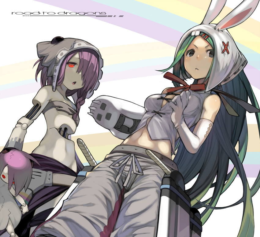 2girls :o android animal_hands animal_hat asymmetrical_gloves belt bow braid bukurote commentary_request copyright_name elbow_gloves frown gloves green_hair hair_ornament hair_over_one_eye hairclip hat joints legband long_hair looking_at_viewer midriff multiple_girls navel octavia_(road_to_dragons) pants paw_gloves purple_hair rabbit_hat red_eyes ribbon road_to_dragons robot_joints rudolph_(road_to_dragons) short_hair uneven_gloves white_gloves