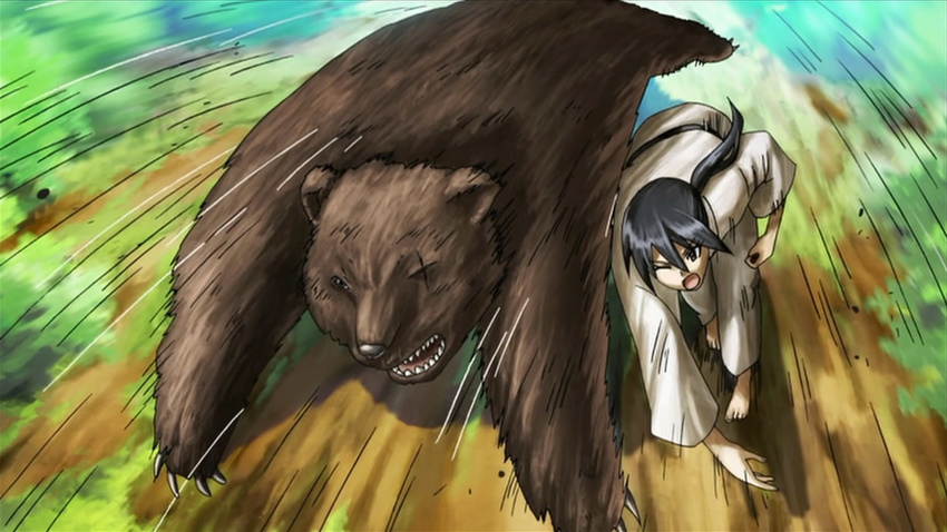 animal bear black_belt black_hair dark_hair dougi female full_body gi grapple judo long_hair martial_arts missing_eye mitsuba_mutsumi nature official outdoors screencap seitokai_yakuindomo solo throw throwing toss uniform