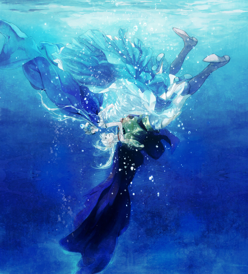 1boy armor blue_theme cape choker commentary_request couple dress fantastic_children female highres long_hair sesu straight tina_(fantastic_children) underwater upside-down white_hair yaku_(ziroken)