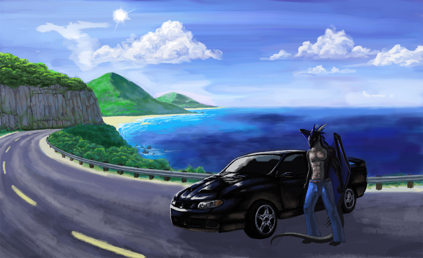 aaros abstractshadow anthro car clothed clothing day detailed_background dragon horn male membrane_(anatomy) membranous_wings mythological_creature mythological_scalie mythology outside road scalie sky solo standing sun tail topless vehicle wings