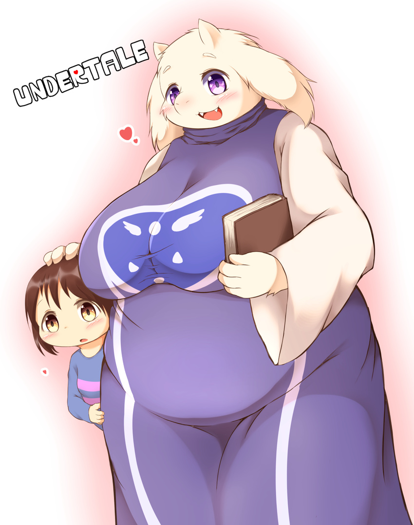 1boy brown_hair copyright_name family female frisk_(undertale) furry mother_and_son open_mouth plump purple_eyes radio_(radio-tou) short_hair toriel undertale yellow_eyes