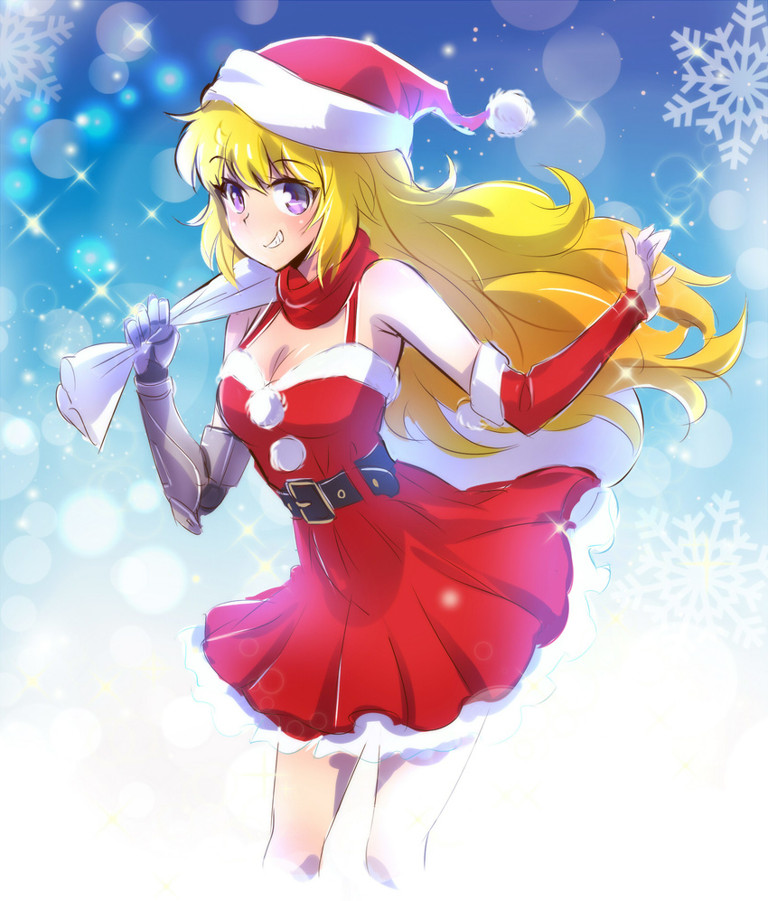 ahoge bag bare_legs bare_shoulders belt belt_buckle blonde_hair blue_background blush breasts christmas christmas_dress christmas_hat cleavage detached_sleeve dress female gloves grin happy hat iesupa long_hair mechanical_arm prosthesis prosthetic_arm purple_eyes red_dress red_scarf rwby sack santa_costume santa_hat scarf skirt smile snowflake snowflakes solo sparkle sparkle_background sparkles very_long_hair yang_xiao_long