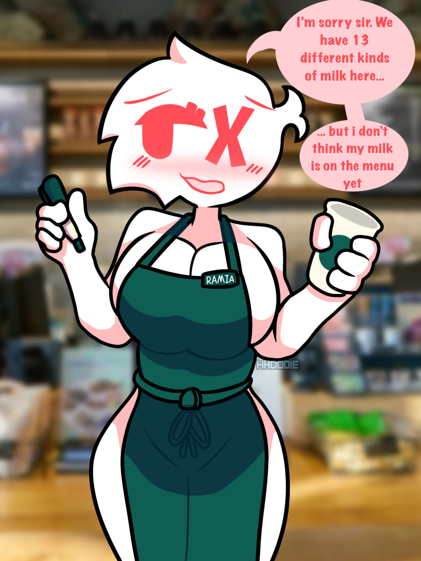 1girls apron apron_only asking_for_food barista cafe cleavage employee employee_uniform english_text facing_viewer female_focus female_only flustered iced_latte_with_breast_milk lactating_in_cup lactation large_breasts meme naked_under_clothes pen solo starbucks