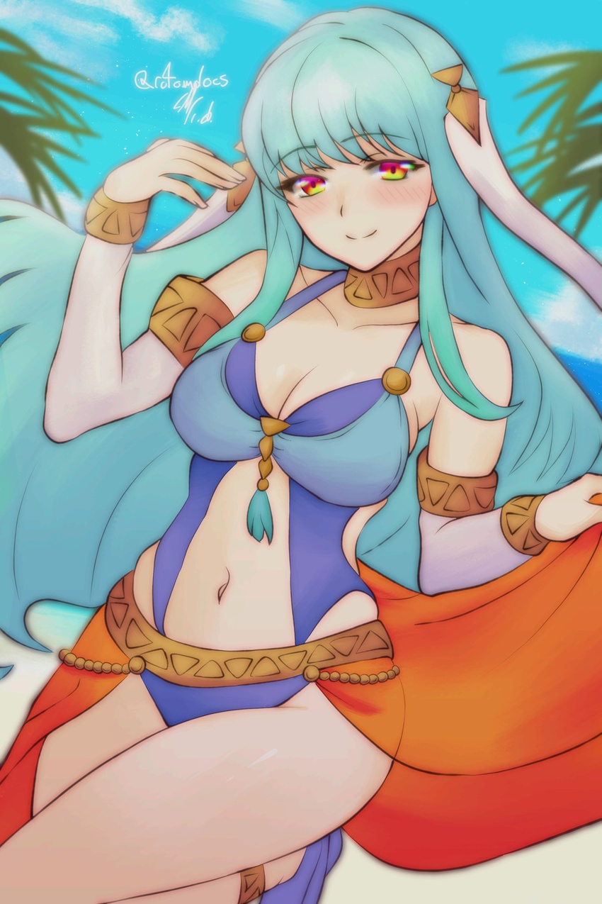 1girls alternate_costume bangs bare_midriff bare_thighs beach bikini blue_bikini blue_hair blue_swimsuit breasts cleavage dancer dancing female female_only fire_emblem fire_emblem:_the_blazing_blade higher_resolution_available leg_up long_hair looking_at_viewer medium_breasts midriff ninian_(fire_emblem) nintendo ocean outdoors red_eyes rotomdocs smile solo swimsuit thighs veil very_long_hair yellow_eyes