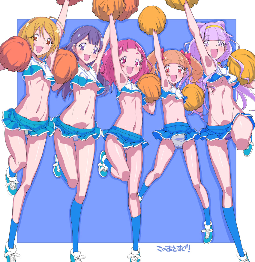 5girls :d aisaki_emiru arm_up armpits bad_id bad_pixiv_id blonde_hair blue_eyes blue_footwear blue_hair blue_skirt breasts brown_eyes brown_hair cheerleader cone_hair_bun flat_chest hair_bun hair_ribbon highres hugtto!_precure kagayaki_homare kneehighs long_hair looking_at_viewer midriff miyagoe_yoshitsuki multiple_girls navel nono_hana open_mouth panties photoshop_(medium) pink_eyes pink_hair pom_pom_(cheerleading) precure purple_eyes purple_hair purple_panties red_eyes red_ribbon ribbon ruru_amour shoes short_hair skirt small_breasts smile socks standing standing_on_one_leg twintails underwear white_panties yakushiji_saaya