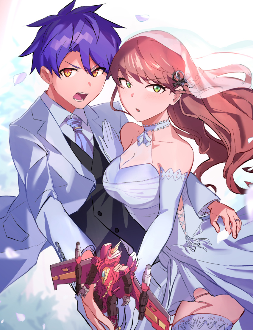 1boy ankh asanaka_yomogi blue_hair blush breasts bridal_veil bride brown_hair choker cleavage collarbone couple dress dyna_soldier dyna_wing female flower frills green_eyes gridman_universe groom hair_ornament hairclip highres husband_and_wife jewelry large_breasts long_hair minami_yume necktie open_mouth ring rose sakamoto_(ojiojiojisanda) scar short_hair ssss.dynazenon straight thighhighs tuxedo veil wedding wedding_dress wedding_ring white_dress white_flower white_rose yellow_eyes