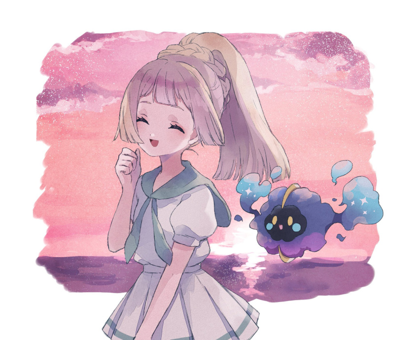 bad_id bad_twitter_id blonde_hair blunt_bangs border braid closed_eyes cloud commentary cosmog eyelashes female hand_up high_ponytail highres lillie_(pokemon) long_hair open_mouth pleated_skirt pokemon pokemon_(creature) pokemon_sm ponytail_with_braided_base shirt short_sleeves skirt sky smile sunset symbol-only_commentary tongue twilight white_border white_shirt white_skirt zges