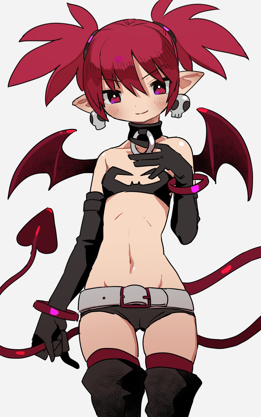 absurdres bat_wings choker closed_mouth demon_girl demon_tail demon_wings disgaea earrings elbow_gloves etna_(disgaea) female flat_chest gloves highres jewelry looking_at_viewer makai_senki_disgaea medium_hair navel pointy_ears red_eyes red_hair simple_background skirt skull_earrings smile solo tail thighhighs twintails wings zinbei