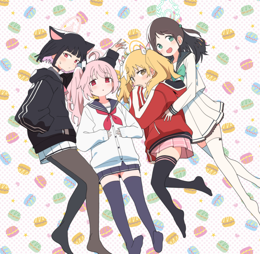 4girls absurdres after-school_sweets_club_(blue_archive) ahoge airi_(blue_archive) animal_ears black_choker black_hair black_hoodie blonde_hair blue_archive blush bow bowtie brown_eyes cardigan cat_ears choker colored_inner_hair food food-themed_background food-themed_hair_ornament full_body green_bow green_bowtie hair_ornament hair_ribbon hairclip halo hand_in_pocket hands_on_own_stomach heart-shaped_mouth highres hood hood_down hooded_jacket hoodie hug hug_from_behind ice_cream_hair_ornament jacket kazusa_(blue_archive) long_hair luke_(dydansgur) macaron macaron_background miniskirt mint_chocolate multicolored_hair multiple_girls natsu_(blue_archive) neckerchief no_shoes open_mouth pantyhose pink_eyes pink_hair pink_neckerchief pink_skirt pleated_skirt polka_dot polka_dot_background red_eyes red_jacket red_neckerchief ribbon school_uniform serafuku shirt short_hair side_ponytail skirt sleeves_past_wrists star_(symbol) sweatdrop thighhighs track_jacket twintails two-tone_hair white_cardigan white_serafuku white_shirt white_skirt white_thighhighs yoshimi_(blue_archive) zettai_ryouiki