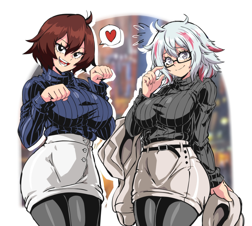 2girls black-framed_eyewear black_eyes black_legwear black_sweater blue_sweater blush bob_cut boku_no_hero_academia breasts brown_hair closed_mouth cowboy_shot flying_sweatdrops glasses heart high-waist_skirt highres large_breasts lewdamone long_sleeves mandalay_(boku_no_hero_academia) multicolored_hair multiple_girls open_mouth pantyhose pink_hair rectangular_eyewear ribbed_sweater semi-rimless_eyewear skirt smile speech_bubble spoken_heart sweater todoroki_fuyumi turtleneck turtleneck_sweater under-rim_eyewear white_hair