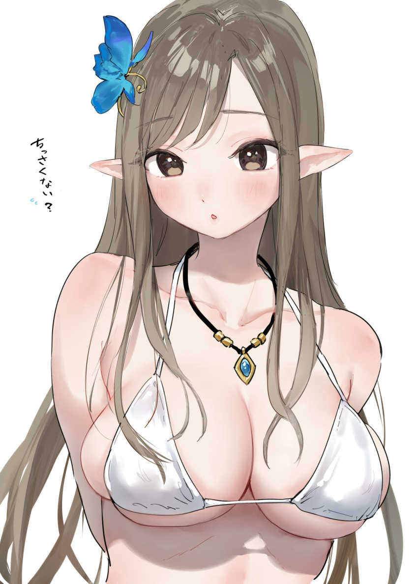 bare_shoulders bikini blush breasts brown_eyes brown_hair cleavage collarbone elf female hair_ornament highres jewelry large_breasts long_hair necklace original pointy_ears solo swept_bangs swimsuit takeashiro translated white_bikini