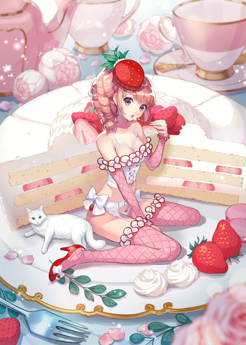 bow breasts bustier cake collarbone commentary_request cup detached_sleeves drill_hair feline female flower food food-themed_clothes fork fruit full_body garter_belt hat high_heels highres holding holding_fork leaf lips long_hair looking_at_viewer macaron medium_breasts mini_person minigirl nishimura_eri on_plate original oversized_food oversized_object panties parted_lips pink_hair pink_panties pink_theme pink_thighhighs red_footwear saucer solo strawberry sweets_lingerie teacup thighhighs underwear white_bow white_cat