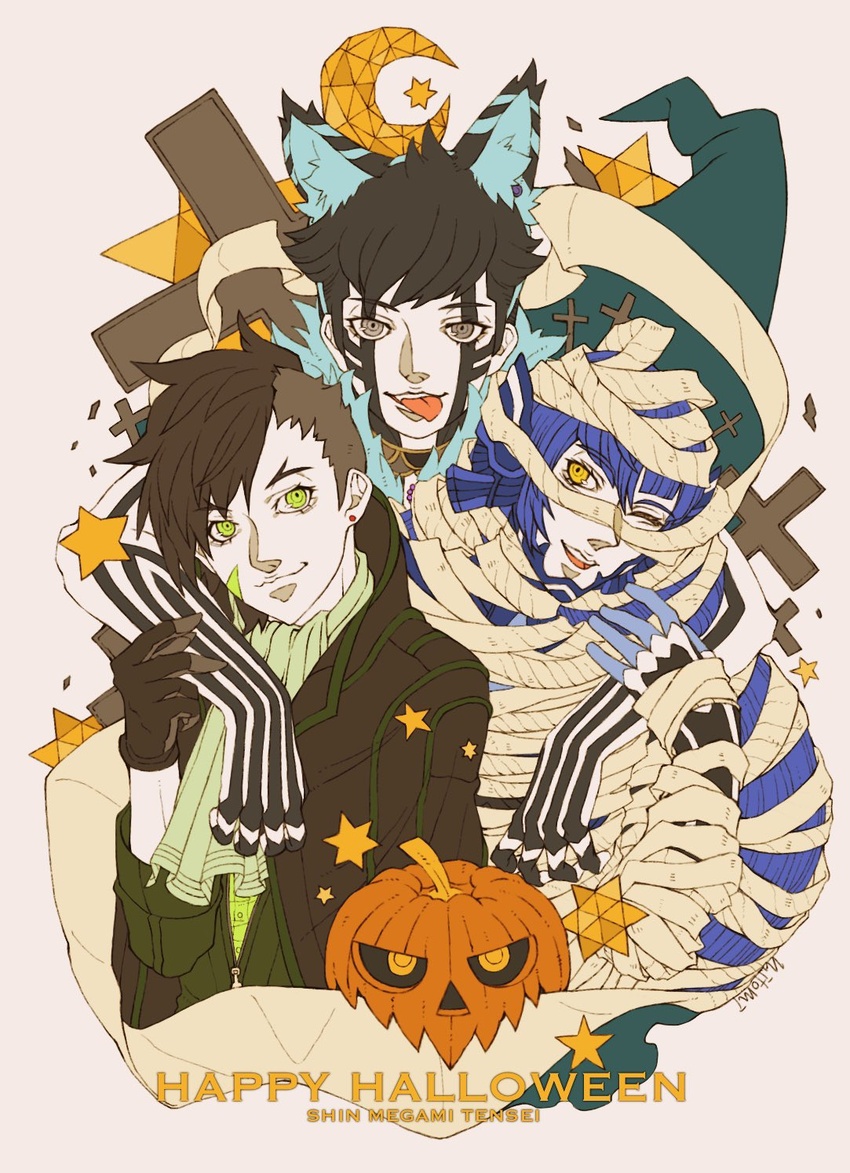 androgynous animal_ears armor bandages black_hair blue_eyes blue_hair blush bodysuit brown_hair crossover demi-fiend eyelashes facial_mark full-body_tattoo green_eyes halloween highres hug long_hair long_sleeves looking_at_viewer male_focus multiple_boys nanashi_(megami_tensei) o_mitomi protagonist_(smtv) purple_hair shin_megami_tensei shin_megami_tensei_iii:_nocturne shin_megami_tensei_iv_final shin_megami_tensei_v short_hair simple_background smile tattoo very_long_hair weapon wolf_ears yellow_eyes