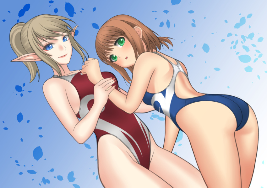 2girls bad_id bad_pixiv_id blonde_hair blue_eyes brown_hair character_request cognite commentary_request competition_swimsuit cowboy_shot elf from_below green_eyes highleg highleg_swimsuit itsuki_(rocketride) long_hair looking_at_viewer master_of_epic multicolored_clothes multicolored_swimsuit multiple_girls one-piece_swimsuit pointy_ears ponytail short_hair swimsuit