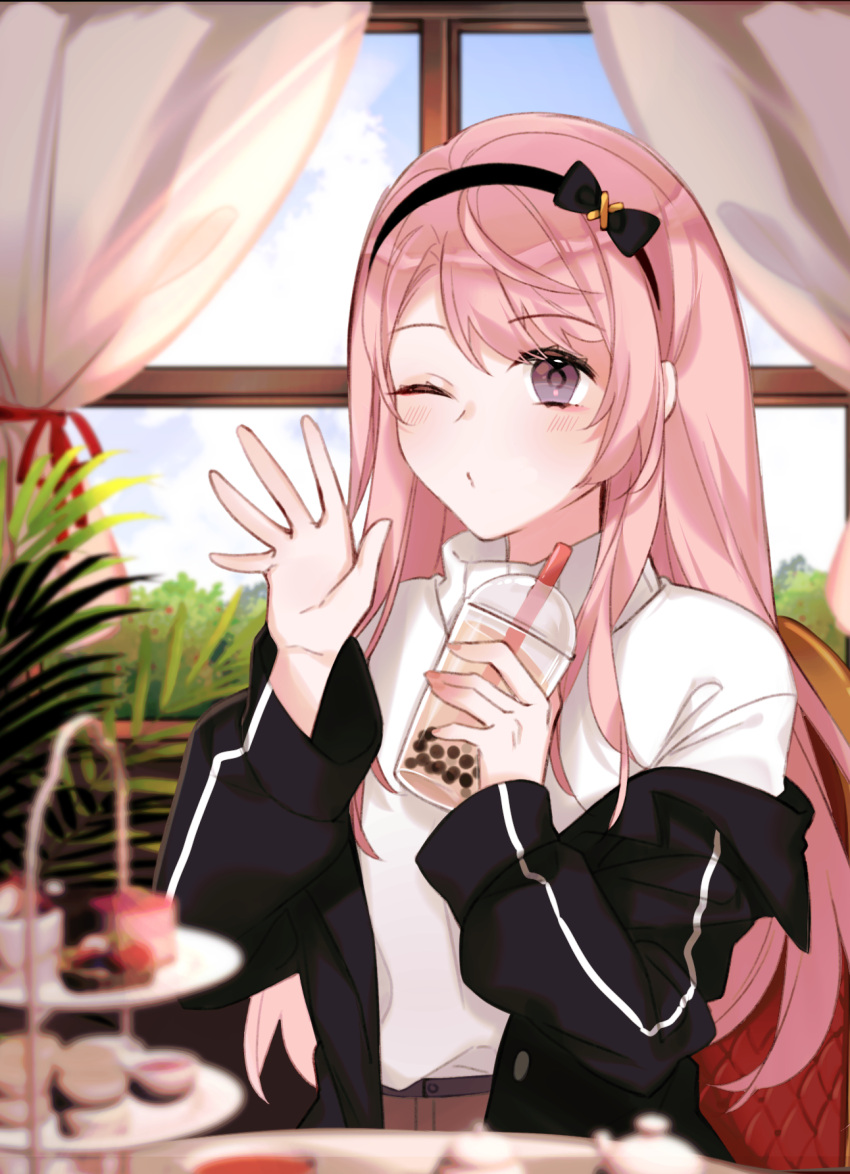 1boy black_jacket blurry bow bubble_tea bush chair cloud cup curtains day depth_of_field dessert disposable_cup fern fingernails food hairband hairbow hand_up highres holding holding_cup holostars indoors jacket long_hair looking_at_viewer male_focus nail_polish off_shoulder one_eye_closed otoko_no_ko pink_hair pink_nails purple_eyes sitting solo sweater table tana_(tanabio) teapot tiered_tray tsukishita_kaoru turtleneck turtleneck_sweater very_long_hair virtual_youtuber waving white_sweater window