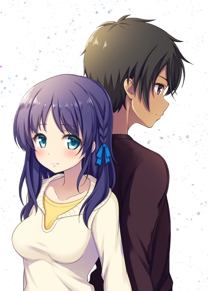 1boy absurdres back-to-back black_hair blue_bow blue_eyes blue_hair blush bow braid breasts brown_shirt closed_mouth collarbone commentary_request dark_skin female grey_eyes hair_between_eyes hairbow highres hiradaira_chisaki kihara_tsumugu looking_at_viewer medium_breasts nagi_no_asukara parted_bangs sasakura_momiji shirt sweater upper_body white_background white_sweater yellow_shirt