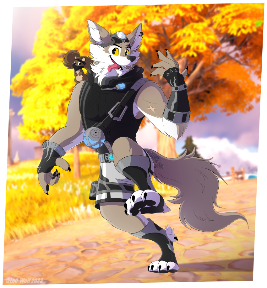 2023 absurd_res anthro bandana belt biped border bottomwear brown_body brown_fur canid canine canis clothed clothing digital_media_(artwork) duo ear_piercing ear_ring epic_games eyebrows fingerless_gloves footwear fortnite full-length_portrait fully_clothed fur furgonomic_headwear furgonomics gloves handwear hi_res kerchief leo-wolf male mammal open_mouth open_smile orange_sclera outside piercing plant portrait pose ring_piercing rodent scar sciurid shoes shorts sky smile standing tail teeth tongue tongue_out topwear tree tree_squirrel vest walnut_(fortnite) wendell_(fortnite) white_body white_border white_fur wolf