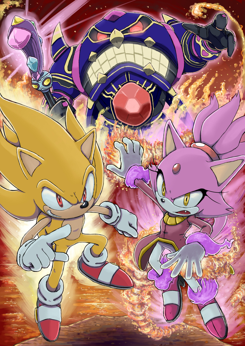 1boy absurdres animal_ears aura blaze_the_cat burning_blaze cat_ears female fire forehead_jewel furry furry_female furry_male gloves grin hedgehog_ears highres long_sleeves nenikat oerba_yun_fang pointing red_eyes shoes smile sneakers sonic_(series) sonic_rush_adventure sonic_the_hedgehog super_sonic tail white_gloves yellow_eyes