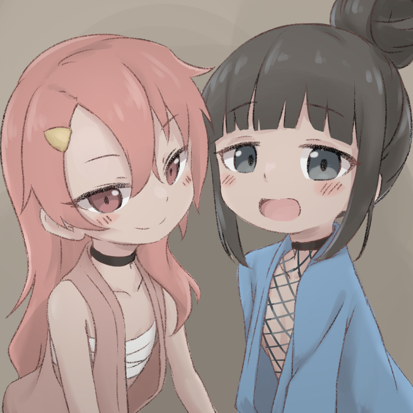 2girls benisumomo black_choker black_eyes black_hair blue_kimono blunt_bangs blush brown_eyes chest_sarashi choker fishnet_top fishnets flat_chest grey_background hair_bun hair_ornament hairclip highres japanese_clothes keven_(ewdx3754) kimono kunoichi_tsubaki_no_mune_no_uchi long_hair looking_at_viewer mokuren_(kunoichi_tsubaki_no_mune_no_uchi) multiple_girls ninja open_clothes open_kimono open_mouth open_vest pink_hair pink_vest sarashi sidelocks single_hair_bun smile upper_body vest