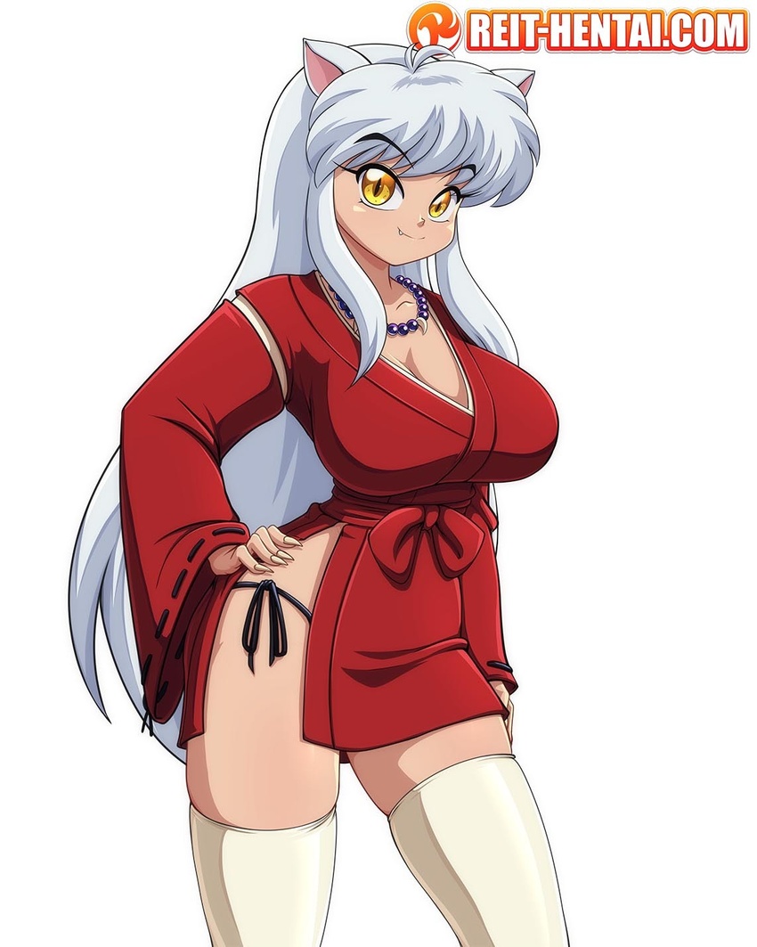 animal_humanoid big_breasts blush breasts canid canid_humanoid canine canine_humanoid canis cleavage clothed clothing demon dog_humanoid female hair hi_res humanoid inuyasha inuyasha_(inuyasha) legwear long_hair looking_at_viewer mammal mammal_humanoid reit rule_63 solo white_hair yellow_eyes