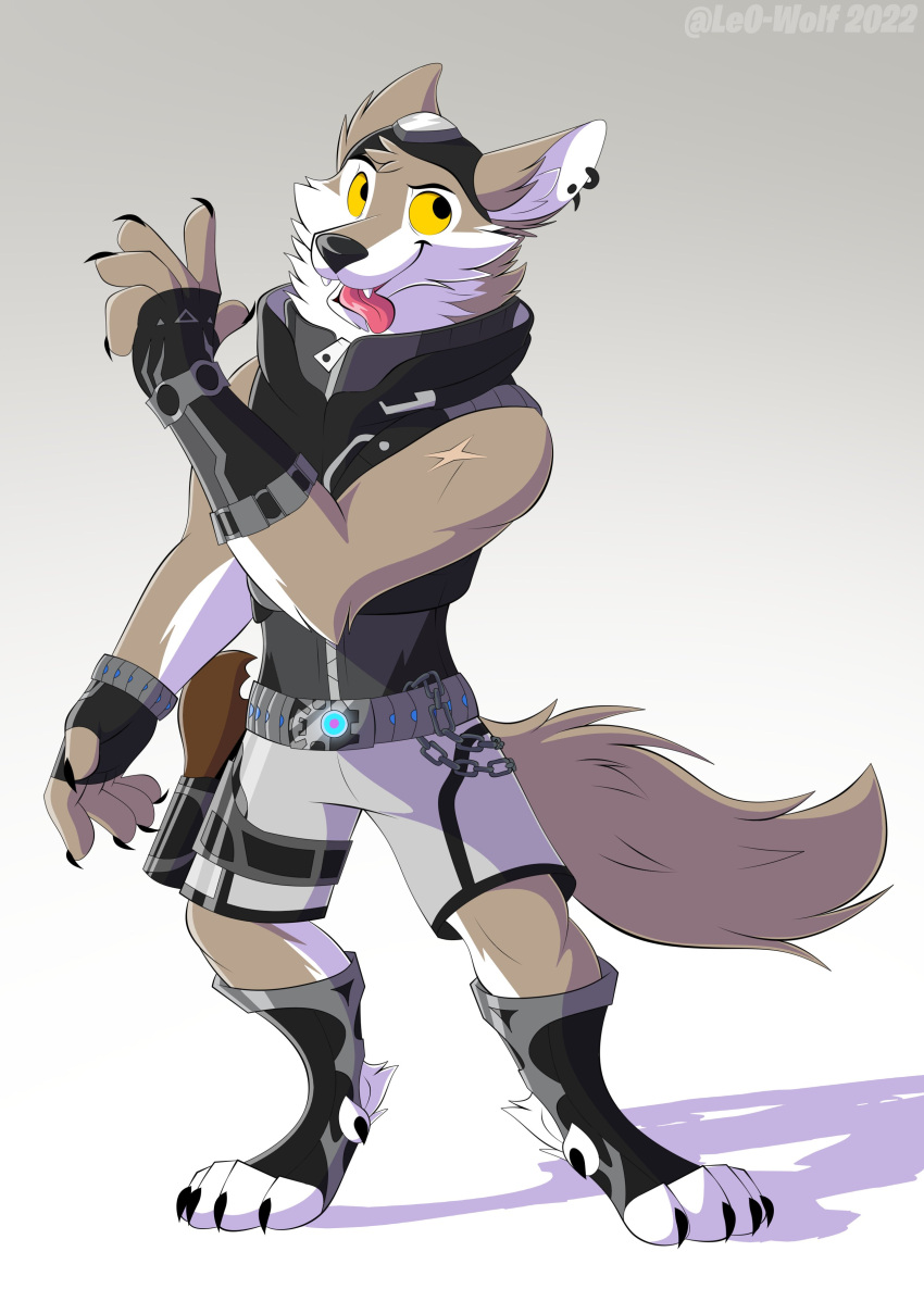 2022 absurd_res anthro belt biped bodily_fluids bottomwear brown_body brown_fur canid canine canis clothed clothing digital_media_(artwork) ear_piercing ear_ring epic_games eyebrows fingerless_gloves footwear fortnite full-length_portrait fully_clothed fur furgonomic_headwear furgonomics gloves grey_background handwear hi_res leo-wolf male mammal open_mouth open_smile orange_sclera piercing portrait ring_piercing saliva scar shoes shorts simple_background smile solo standing tail teeth tongue tongue_out topwear vest wendell_(fortnite) white_body white_fur wolf